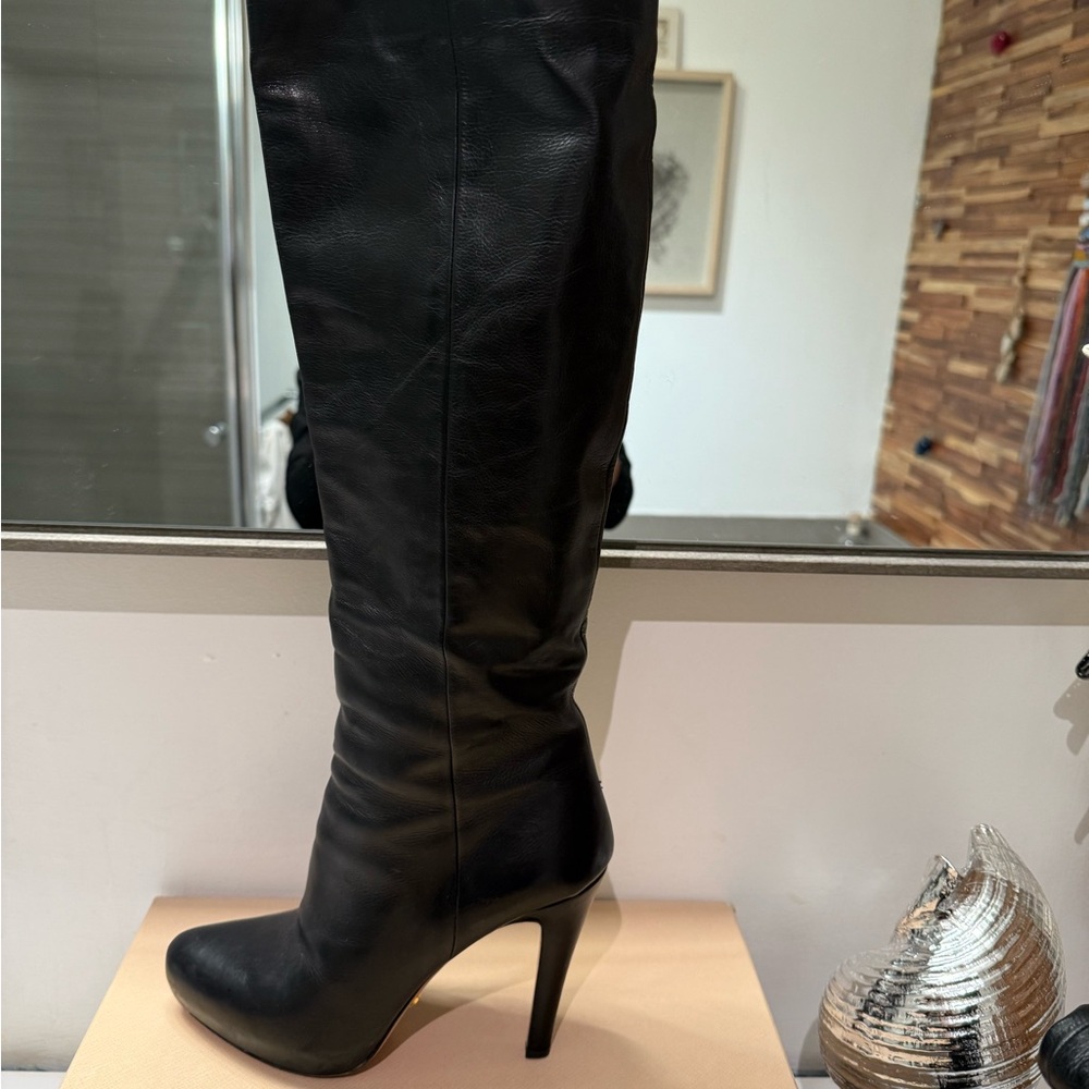 Prada black lamb leather knee high boots